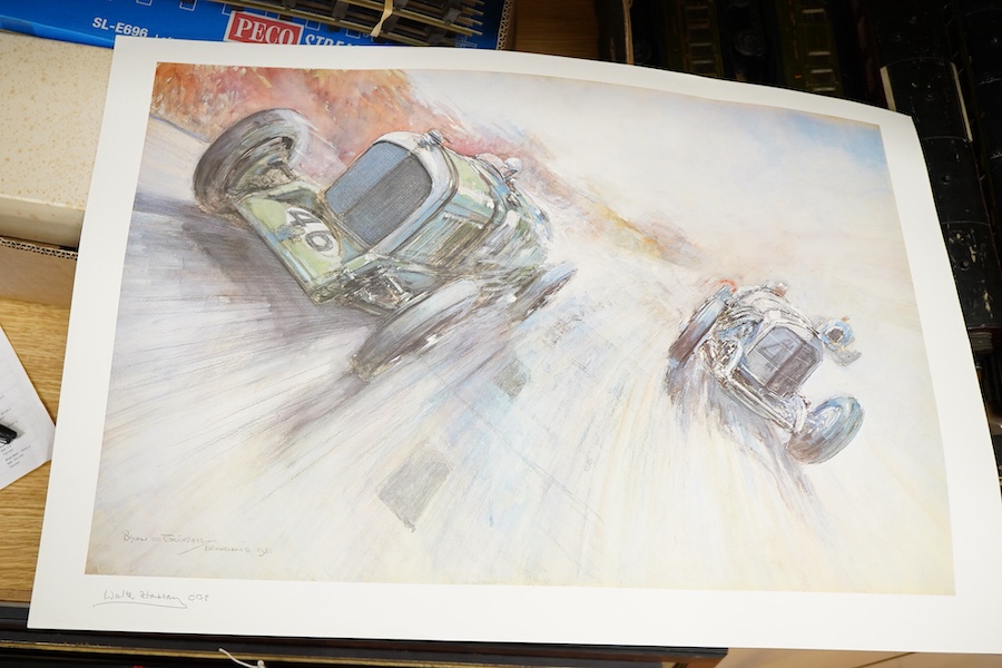 Two framed and signed motor racing lithographs by Anthony Heal and Walter Hassan of Le Mans and Brookslands racing scenes, the largest frame 61.5 x 76cm, together with a folio containing a large number of unframed simila